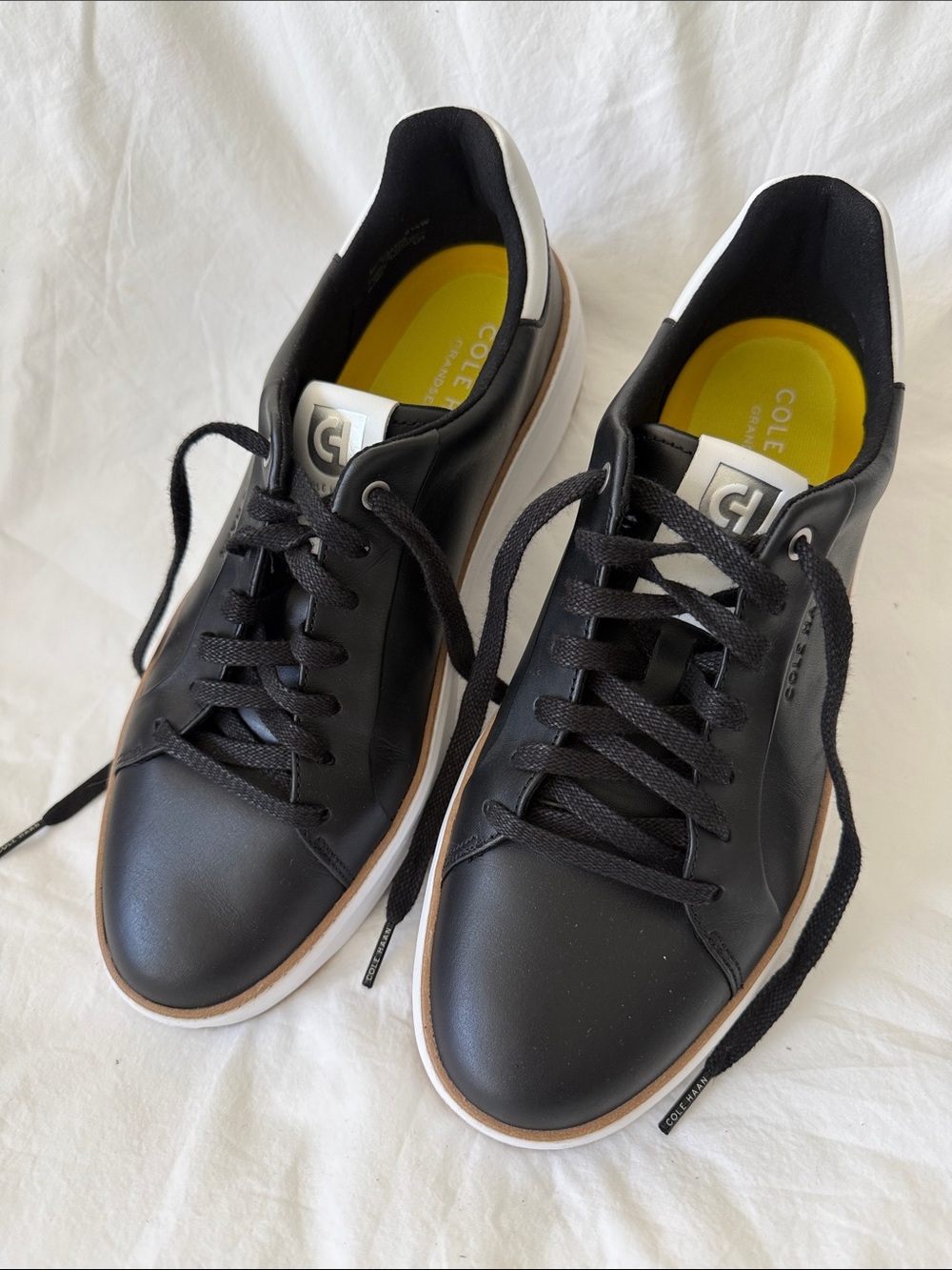 Cole Haan Black Wide Width Leather Grand Series Sneakers with White & Tan Trim
